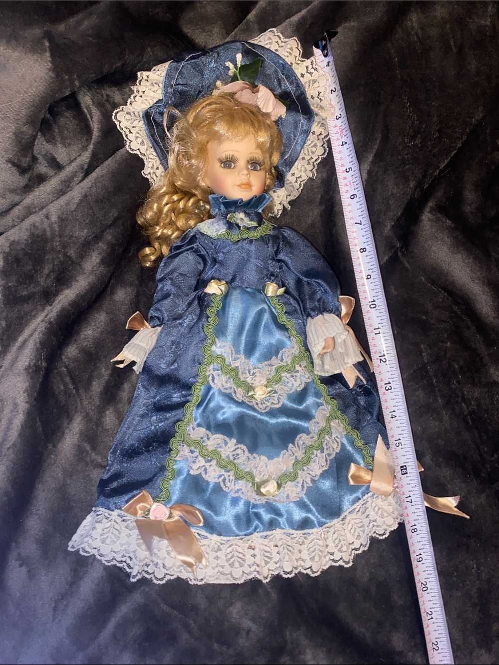 Porcelain Fashion Doll in Blue Satin Dress with Lace Trim